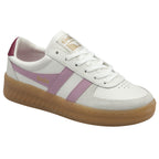 A white Gola sneaker with purple stripes and a gum sole, angled to the right.