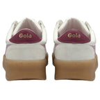 The back view of a pair of white Gola sneakers with maroon heel accents.