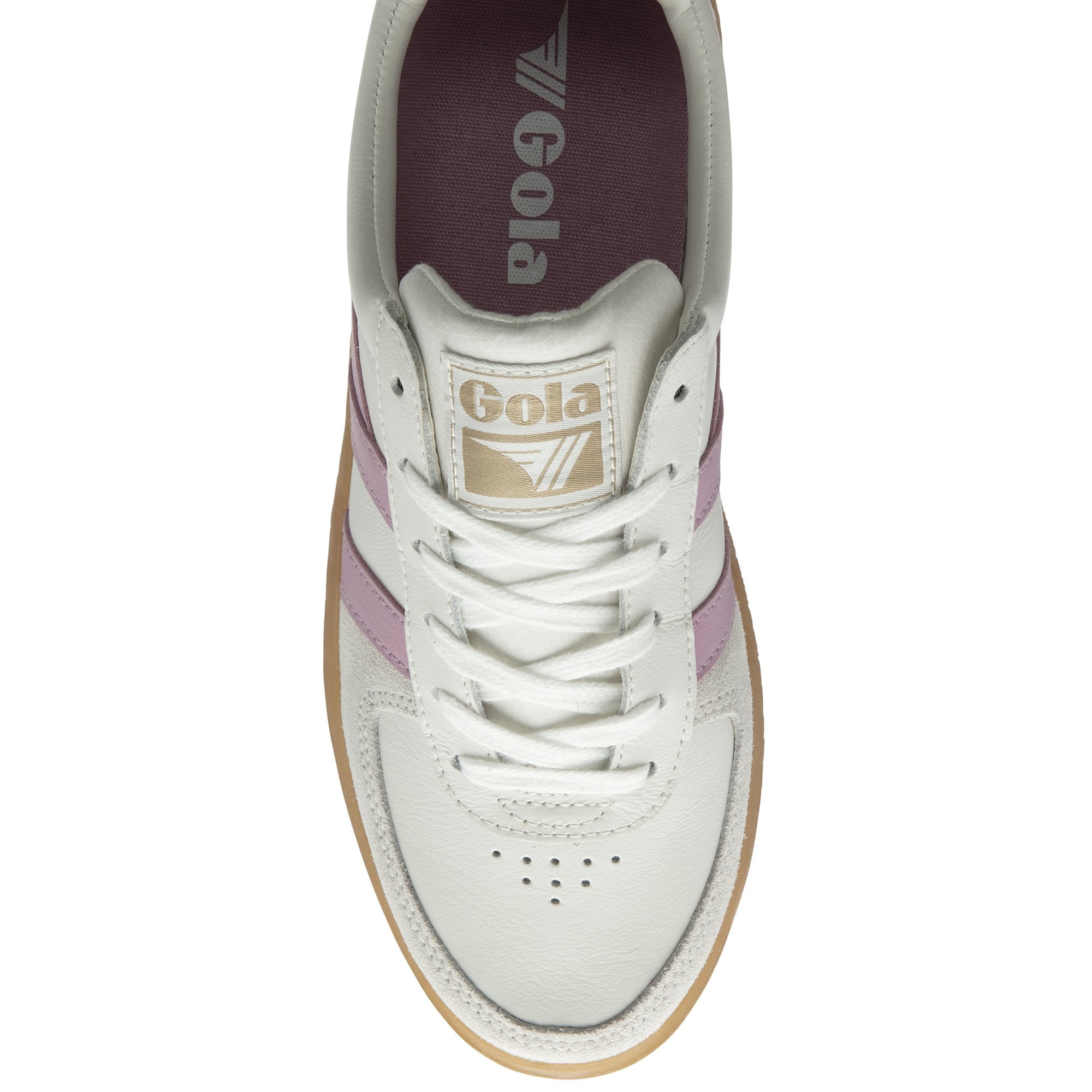 The top-down view of a white Gola sneaker with purple stripes and a gum sole.