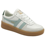 A white Gola sneaker with light blue stripes and a brown sole.
