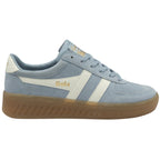 Light blue Gola men's sneaker with white stripes, brown sole, and gold Gola lettering.