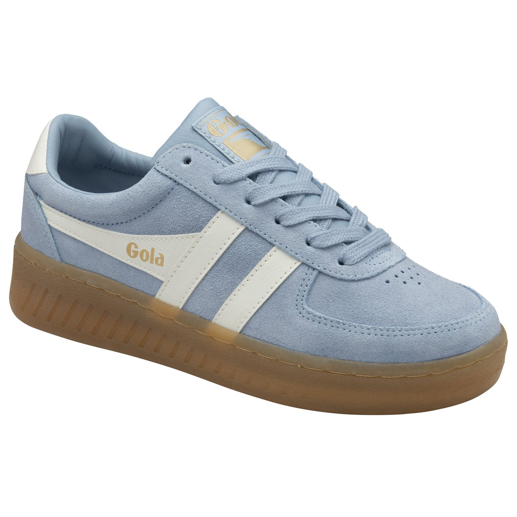 Light blue Gola men's sneaker, side angle, white stripes, brown sole, gold lettering.
