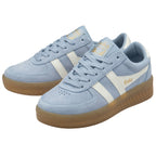 Pair of light blue Gola men's sneakers, front view, white stripes, brown soles.
