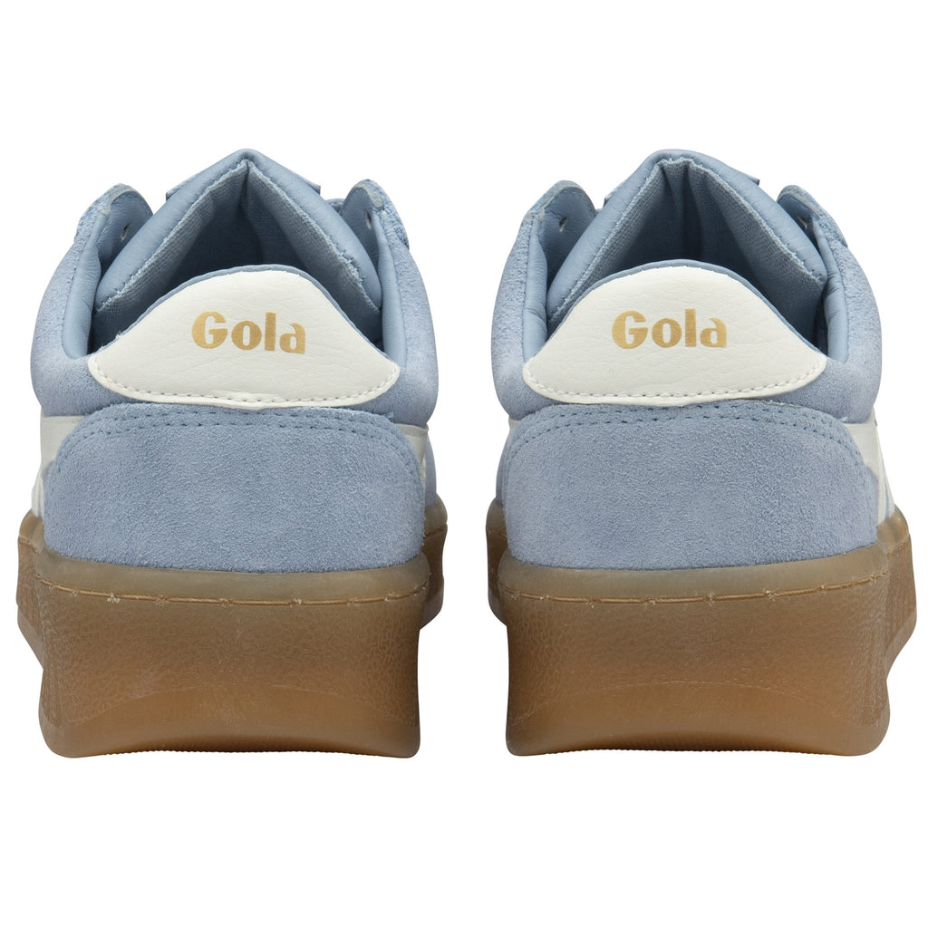 Rear view of two light blue Gola men's sneakers with white accents and brown soles.