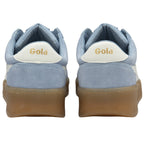 Rear view of two light blue Gola men's sneakers with white accents and brown soles.