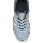 Top-down view of a light blue Gola men's sneaker with white stripes and brown sole.