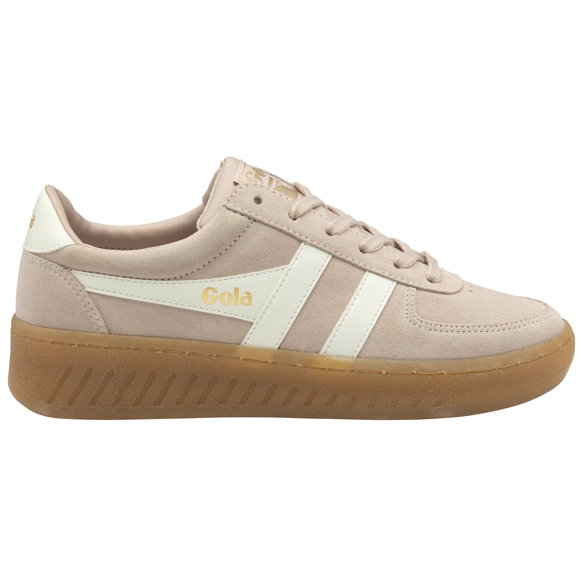 A pale pink suede Gola sneaker with white stripes and a gum sole, viewed from the side.