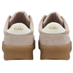 The back view of a pair of pale pink Gola sneakers with white heels and gum soles.