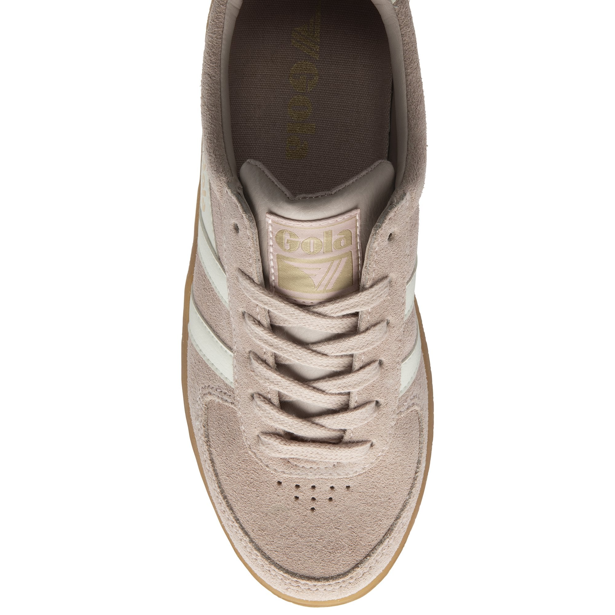 The top-down view of a single pale pink Gola sneaker with white stripes and a gum sole.
