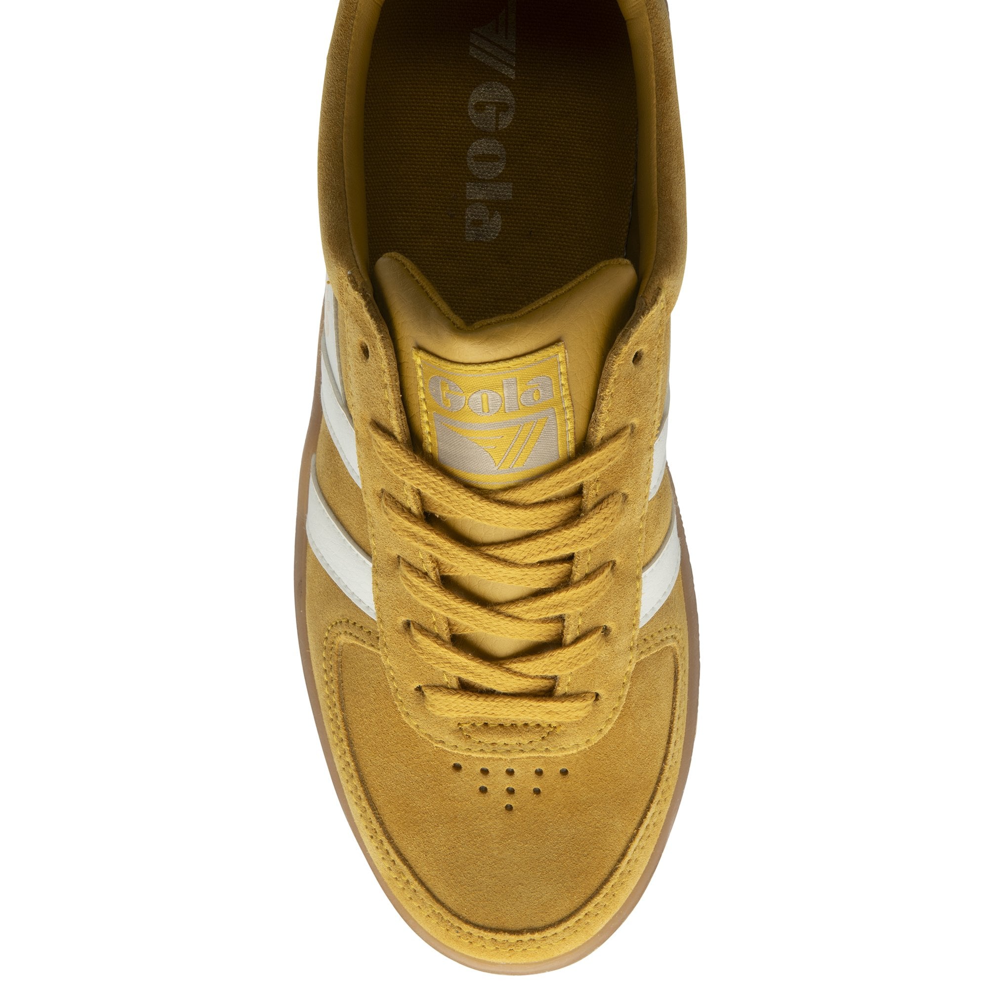 Top-down view of a single mustard yellow Gola sneaker with white stripes and a brown sole.