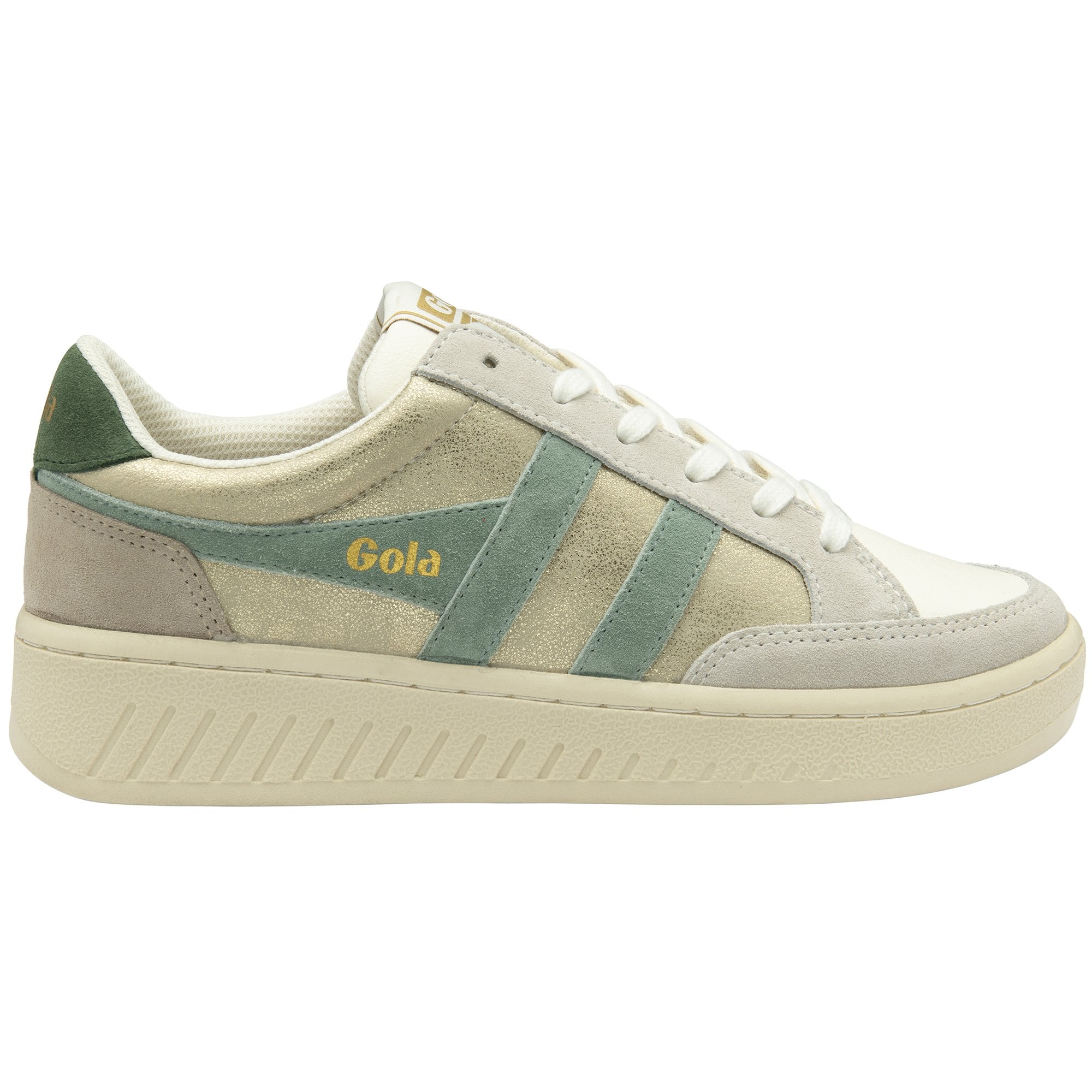 A side view of a Gola women's low-top sneaker in white and green.