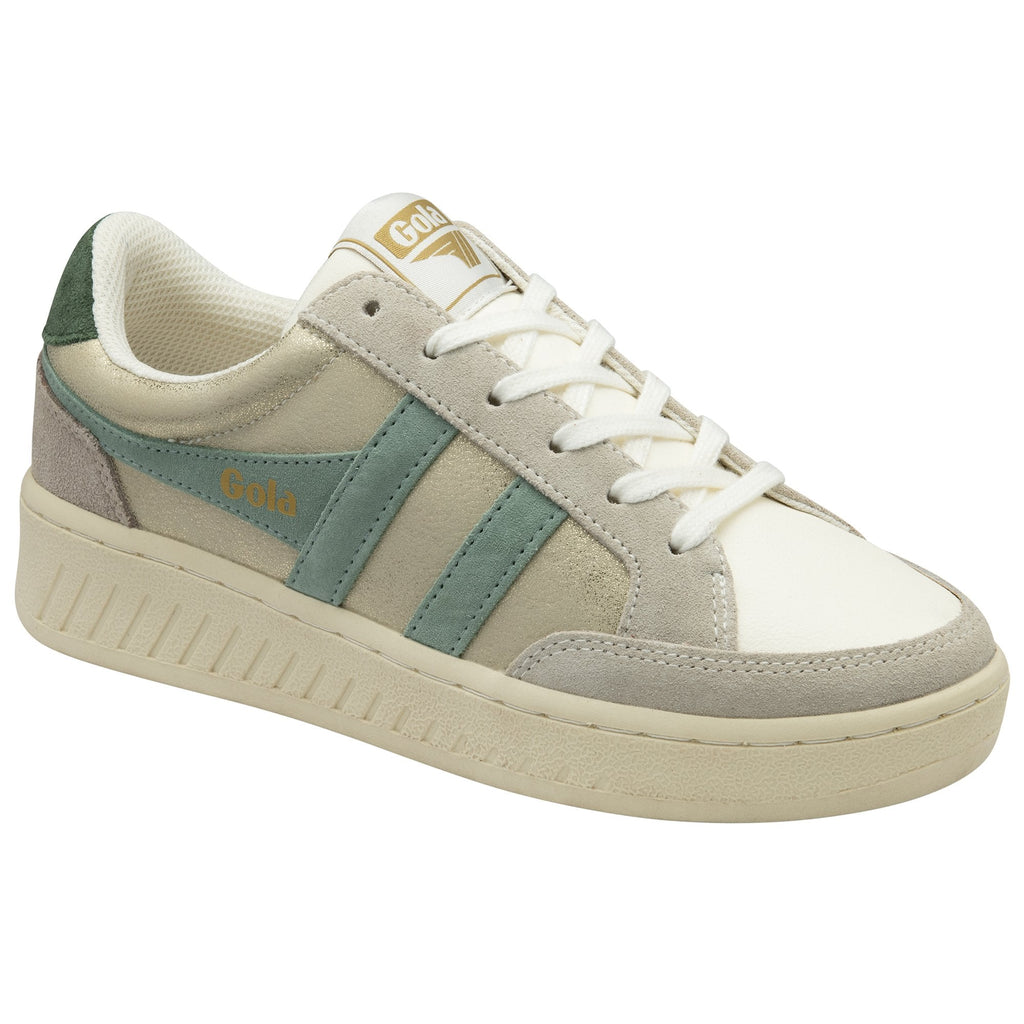 A single Gola women's low-top sneaker in white and green is angled to the right.