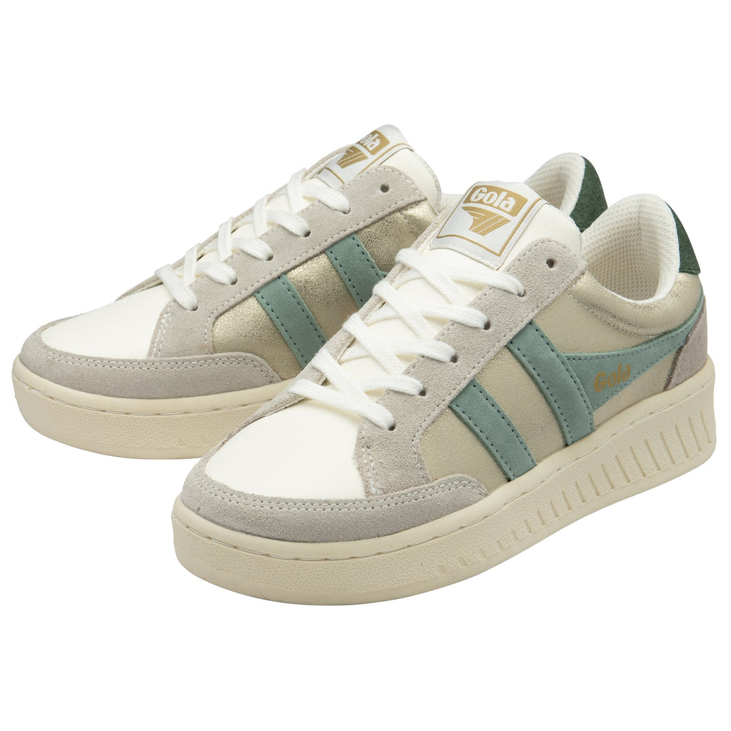 A pair of Gola women's low-top sneakers in white and green.