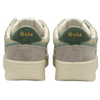 The back view of a pair of Gola women's low-top sneakers in white and green.
