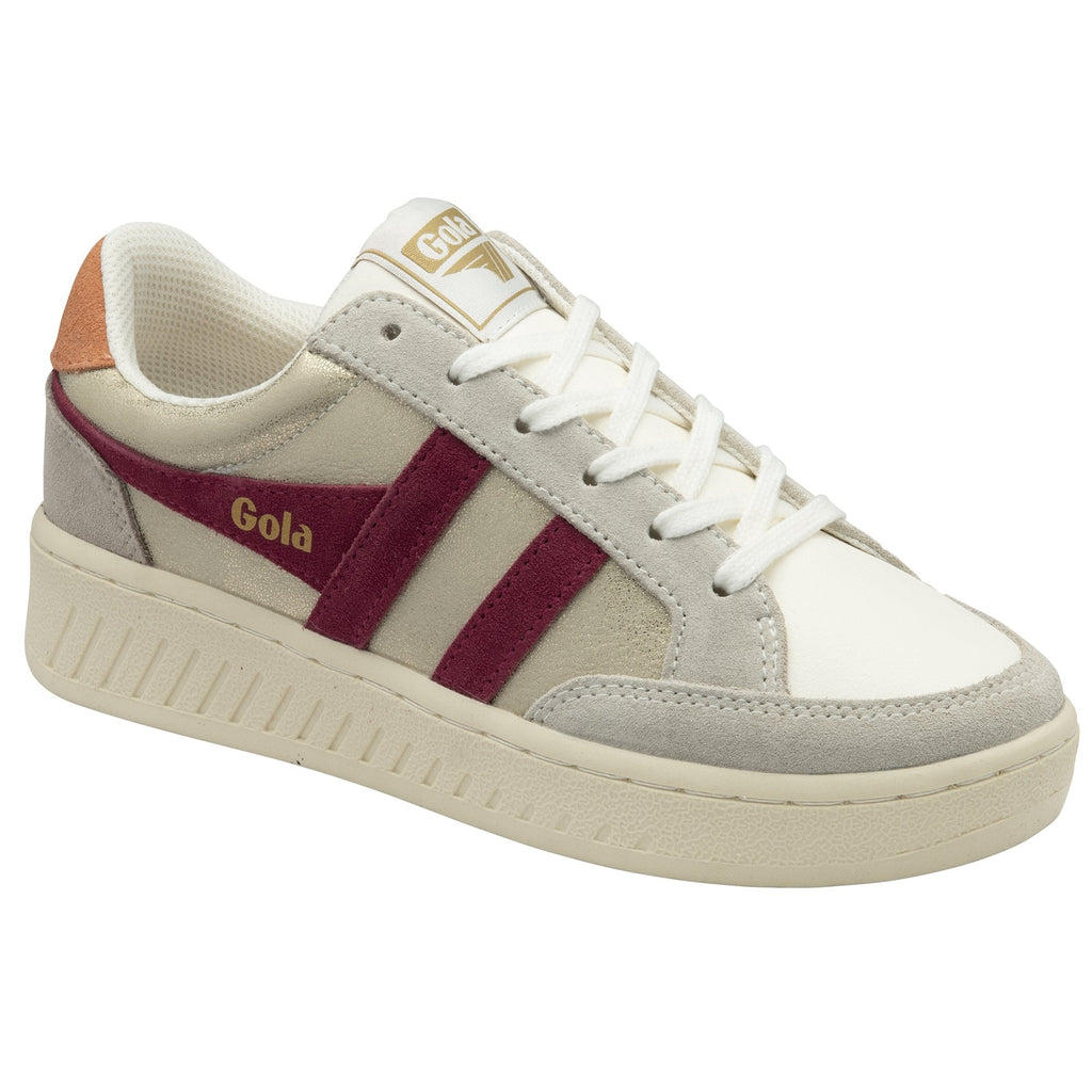 Side profile of a Gola women's sneaker in off-white with two burgundy stripes and white laces.