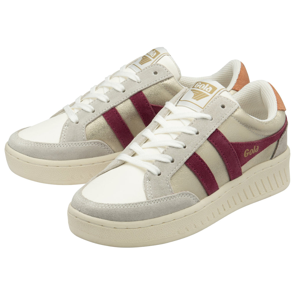 Pair of Gola women's sneakers in off-white with two burgundy stripes, slightly angled.
