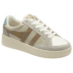 Beige Gola sneakers with brown stripes on a white background, angled side view. Offers a classic look.