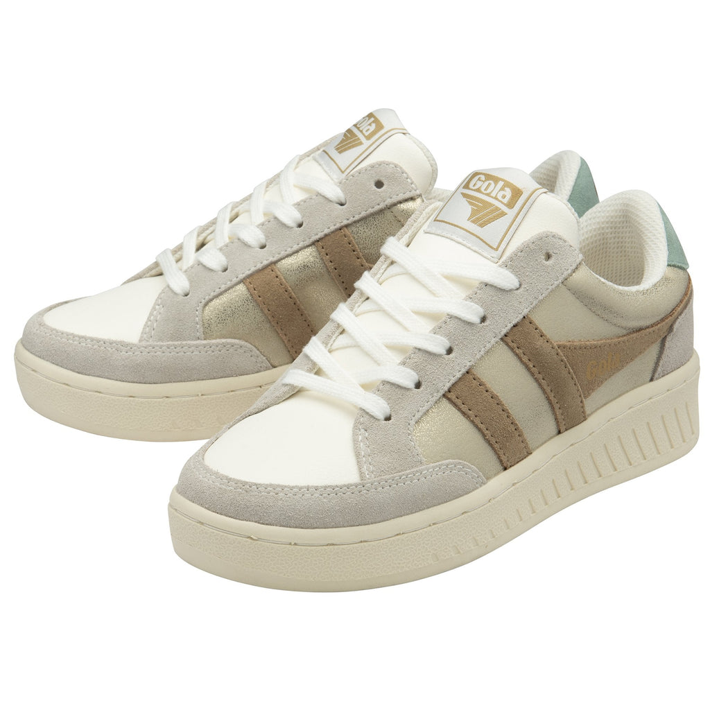 Pair of beige Gola sneakers with brown stripes, angled side view. Perfect for casual wear.