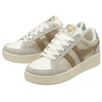 Pair of beige Gola sneakers with brown stripes, angled side view. Perfect for casual wear.