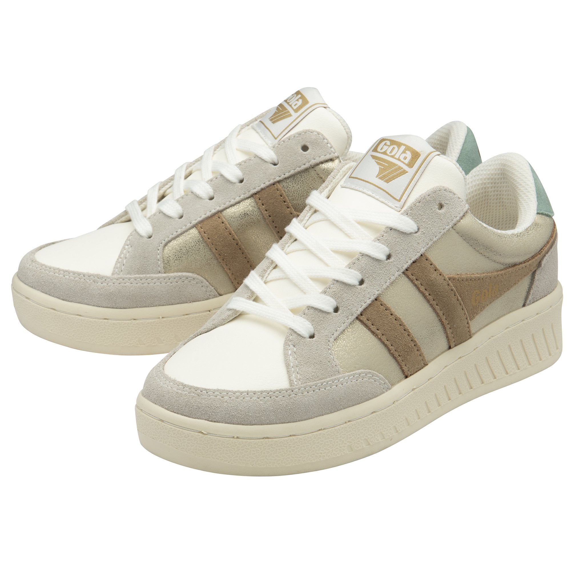 Pair of beige Gola sneakers with brown stripes, angled side view. Perfect for casual wear.