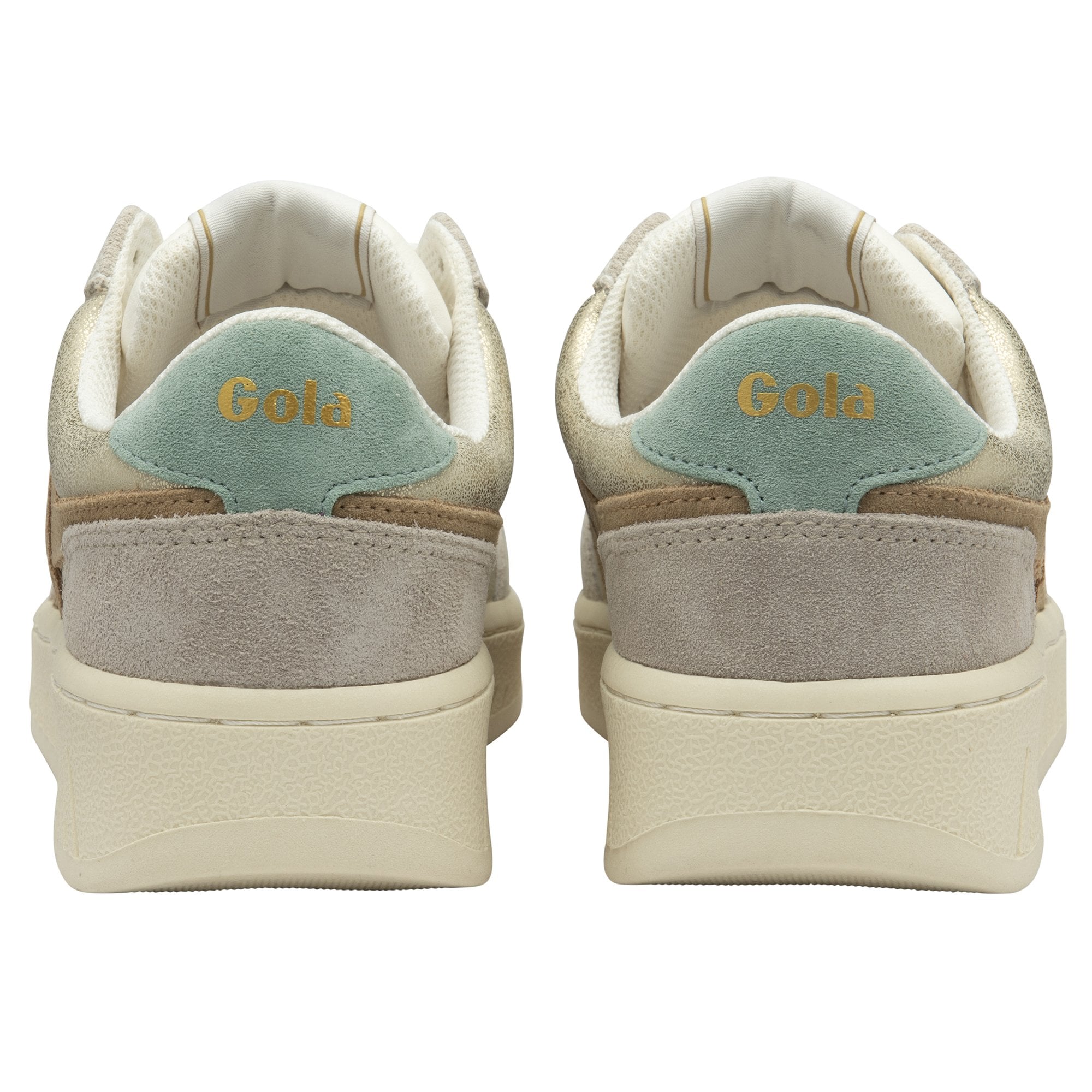 Back view of two beige Gola sneakers with light blue heel accents. Ideal for everyday use.