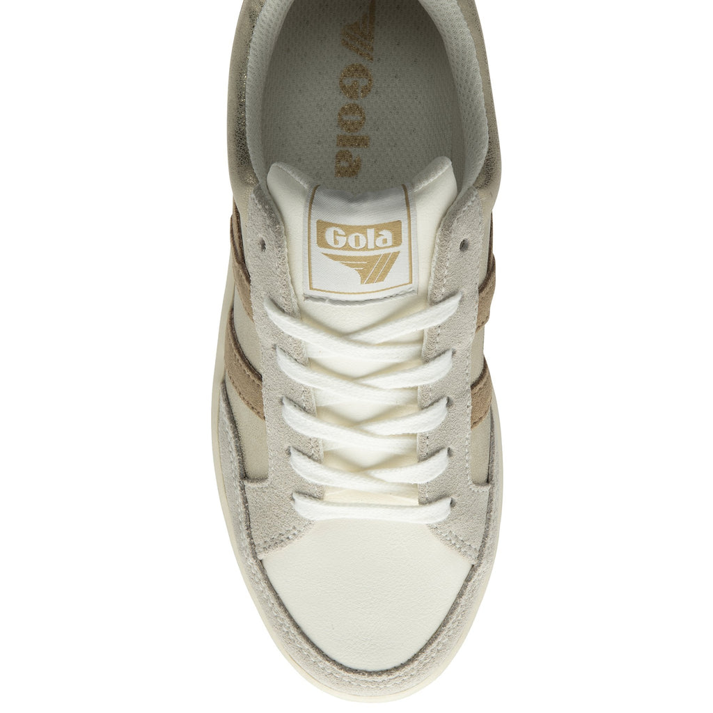 Top view of a beige Gola sneaker with white laces. Showcases brand logo and texture.