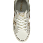Top view of a beige Gola sneaker with white laces. Showcases brand logo and texture.