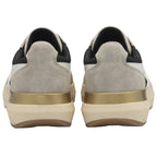 Back view of two casual women's sneakers with black, white, and gold accents.