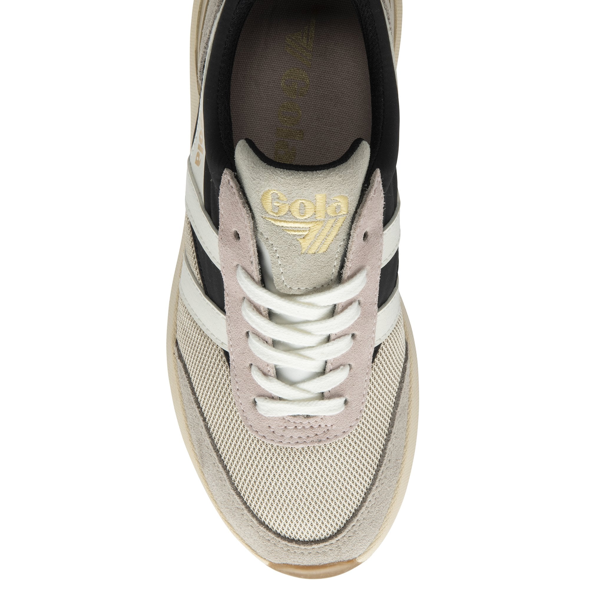 Top view of a casual women's sneaker with black, white, and gold accents.
