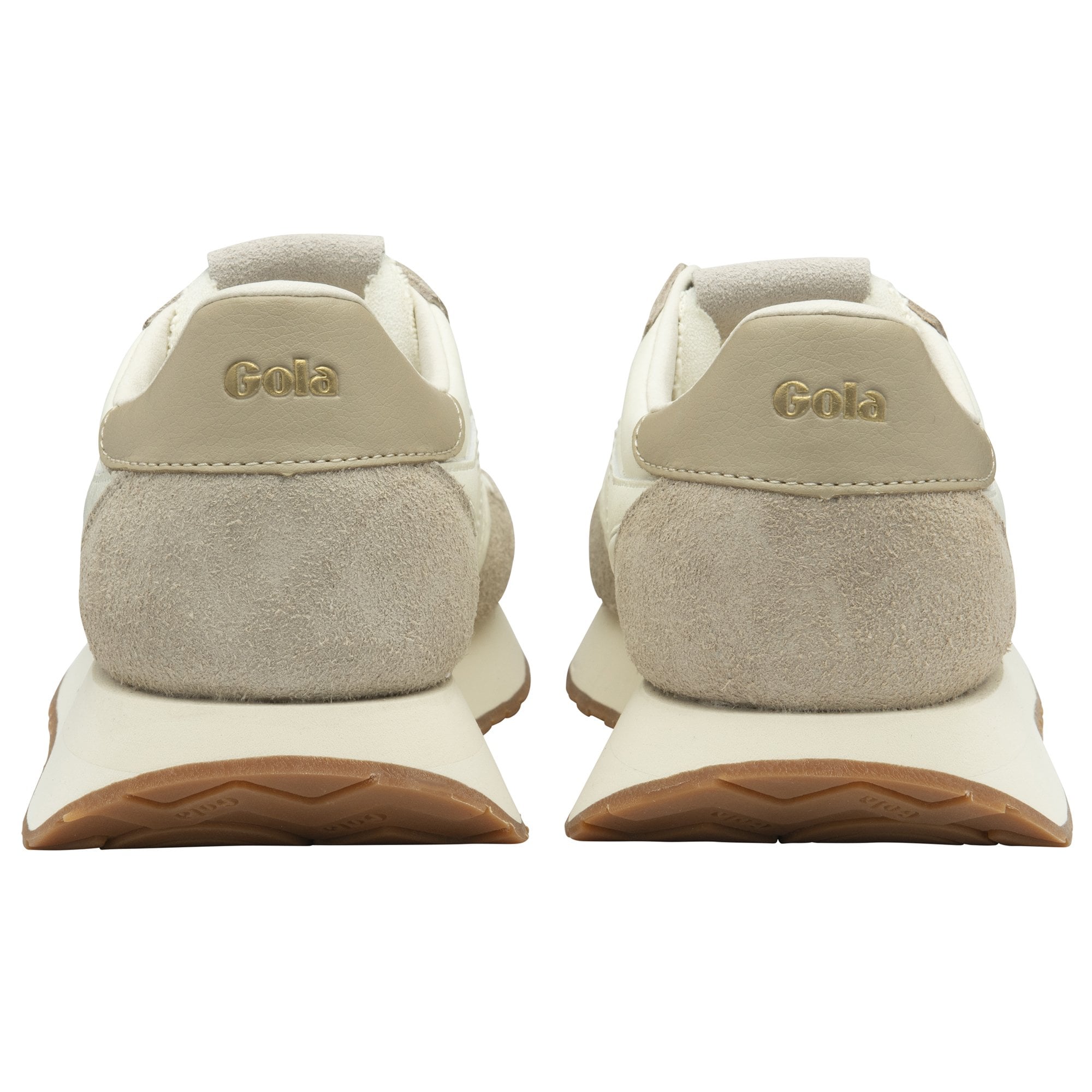 Rear view of a pair of white Gola women's trainers with suede detailing.