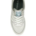 The top-down view of a white Gola sneaker with light green accents.