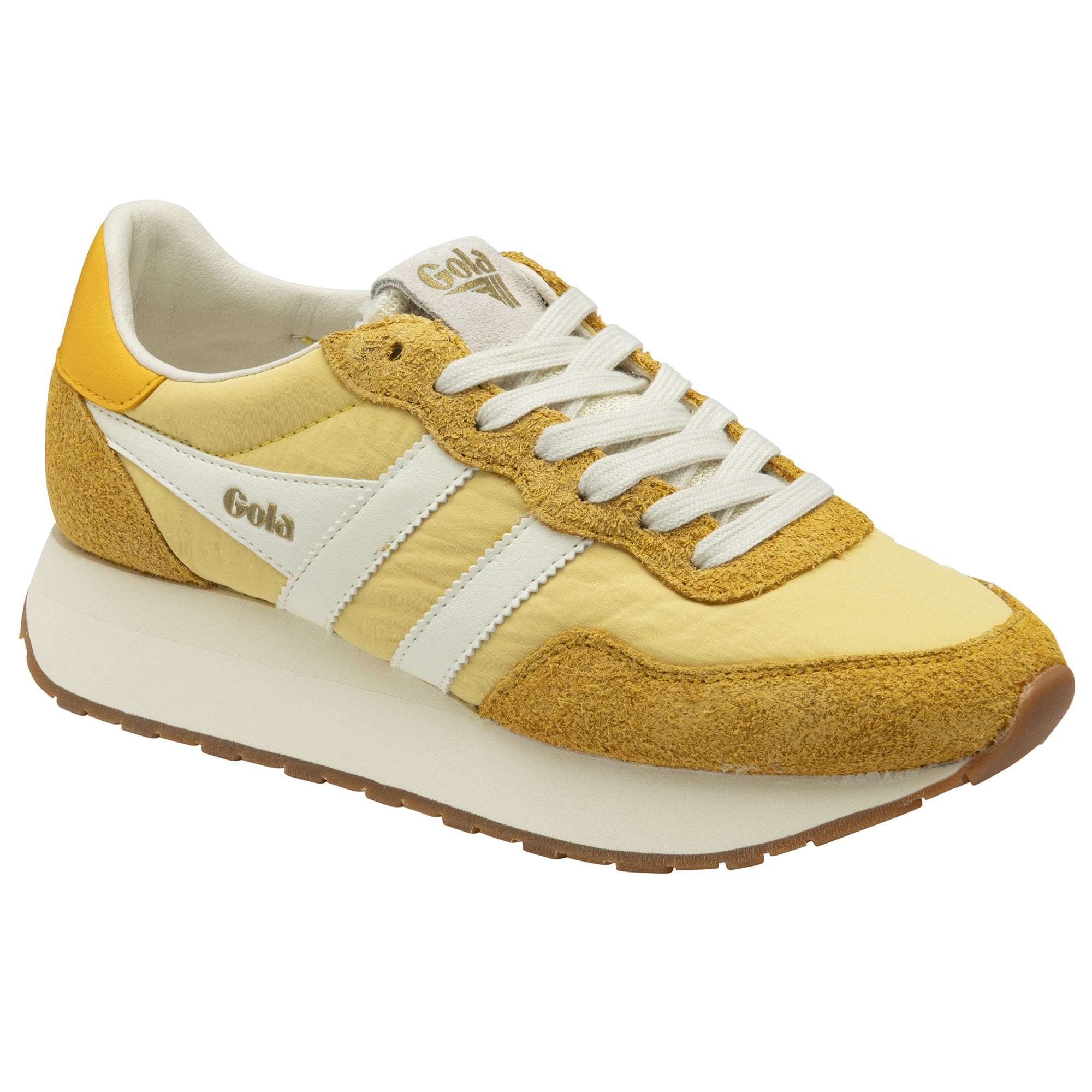 Angled view of a Gola shoe with a thick white sole, white stripes, and mustard yellow accents.
