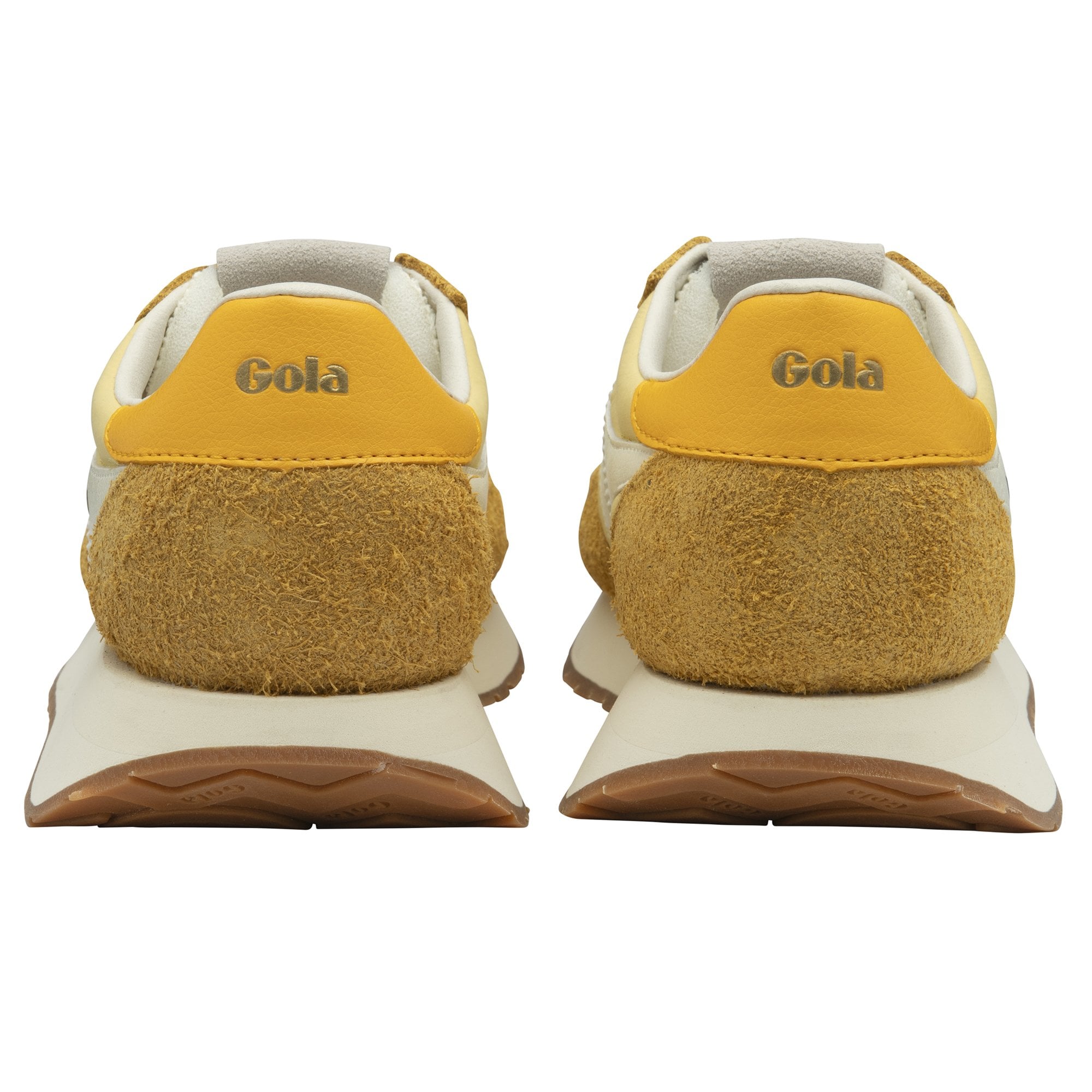 Back view of two Gola shoes with thick white soles and mustard yellow accents.