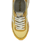 Top down view of a Gola shoe with white laces and mustard yellow accents.