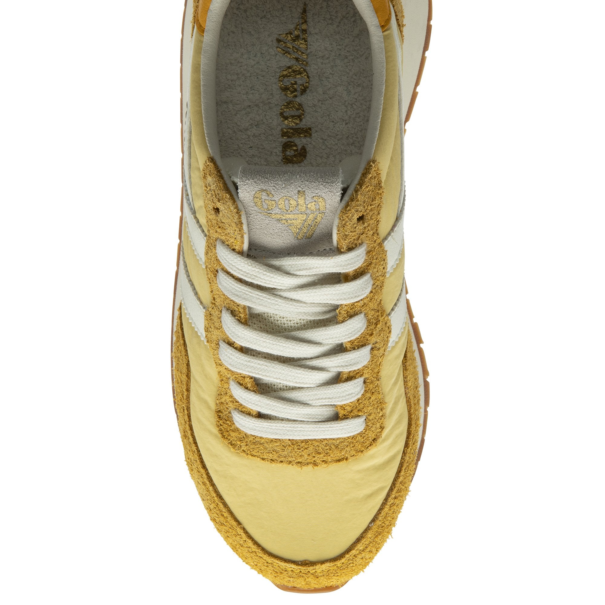 Top down view of a Gola shoe with white laces and mustard yellow accents.