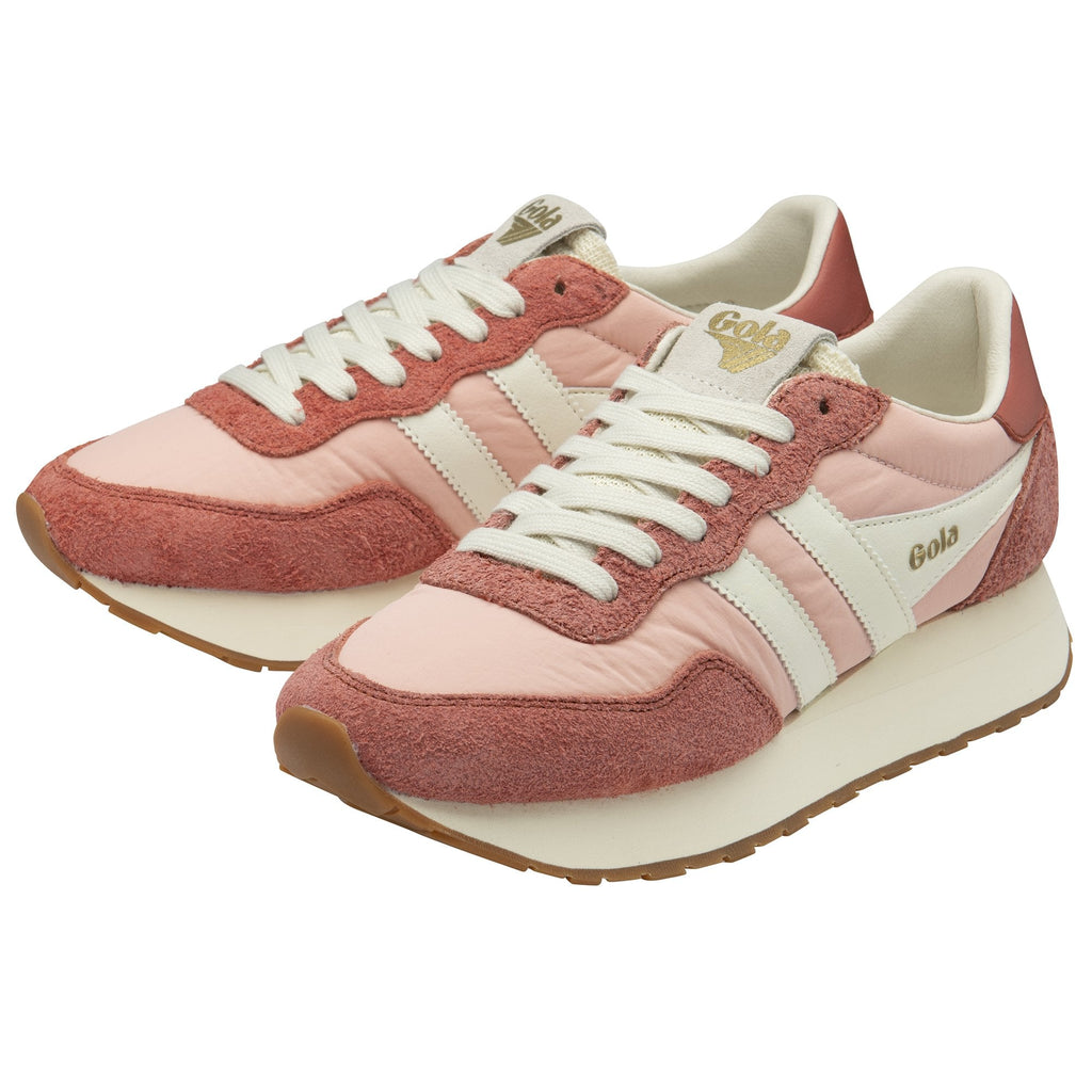 Pair of Gola Orchid platform sneakers in pink with white stripes at an angle.