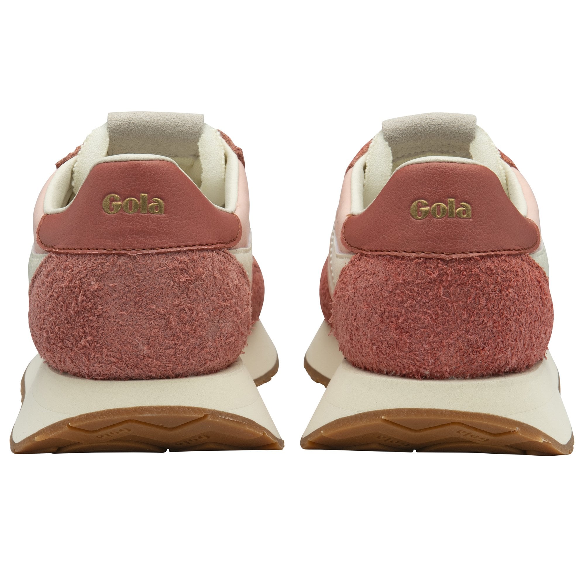 Rear view of a pair of Gola Orchid platform sneakers in pink.