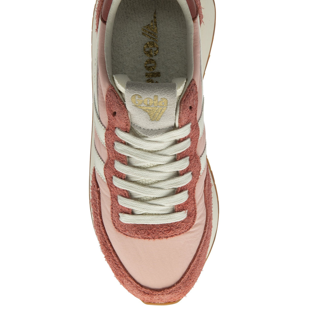 Top-down view of a Gola Orchid platform sneaker in pink with white laces.