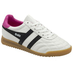 Angled view of a Gola men's indoor trainer with black stripes on a white base and a pink accent.
