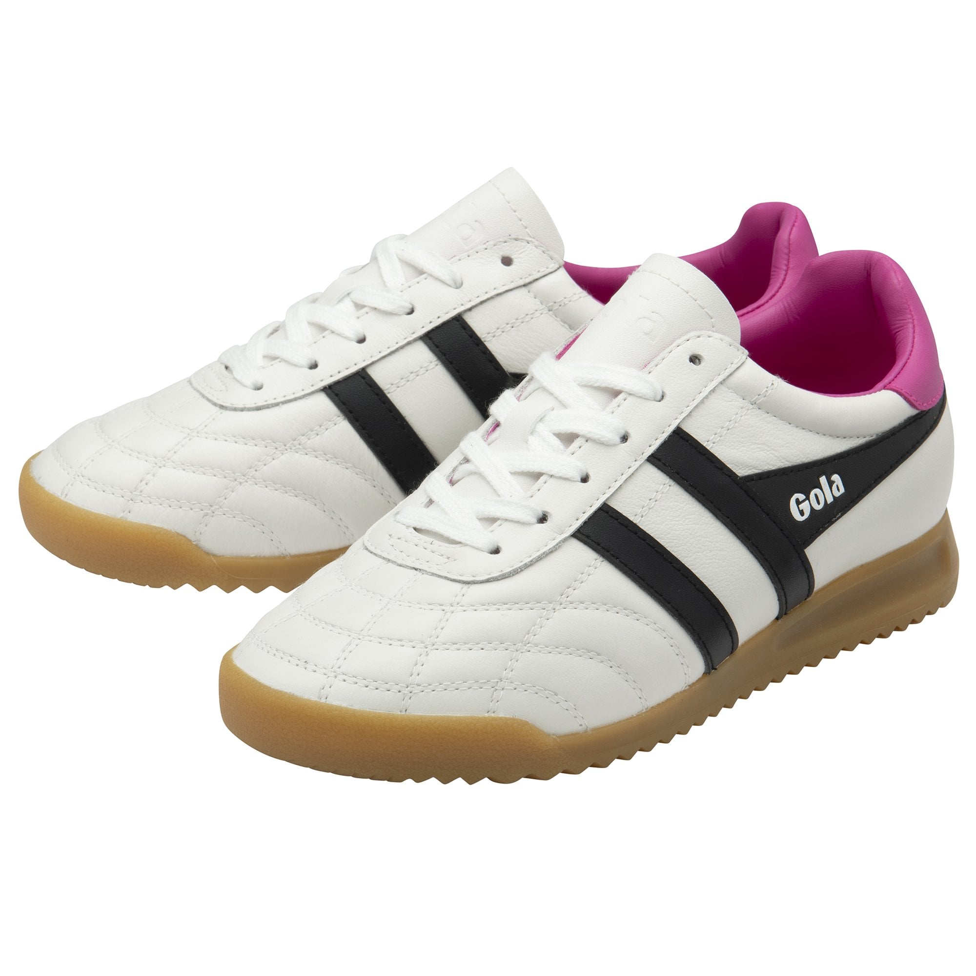 Pair of Gola men's indoor trainers with black stripes on a white base and a pink accent.