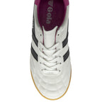 Top down view of a Gola men's indoor trainer with black stripes on a white base and a pink accent.