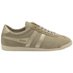 A single Gola Hurricane trainer in light brown suede with gold accents, facing right.