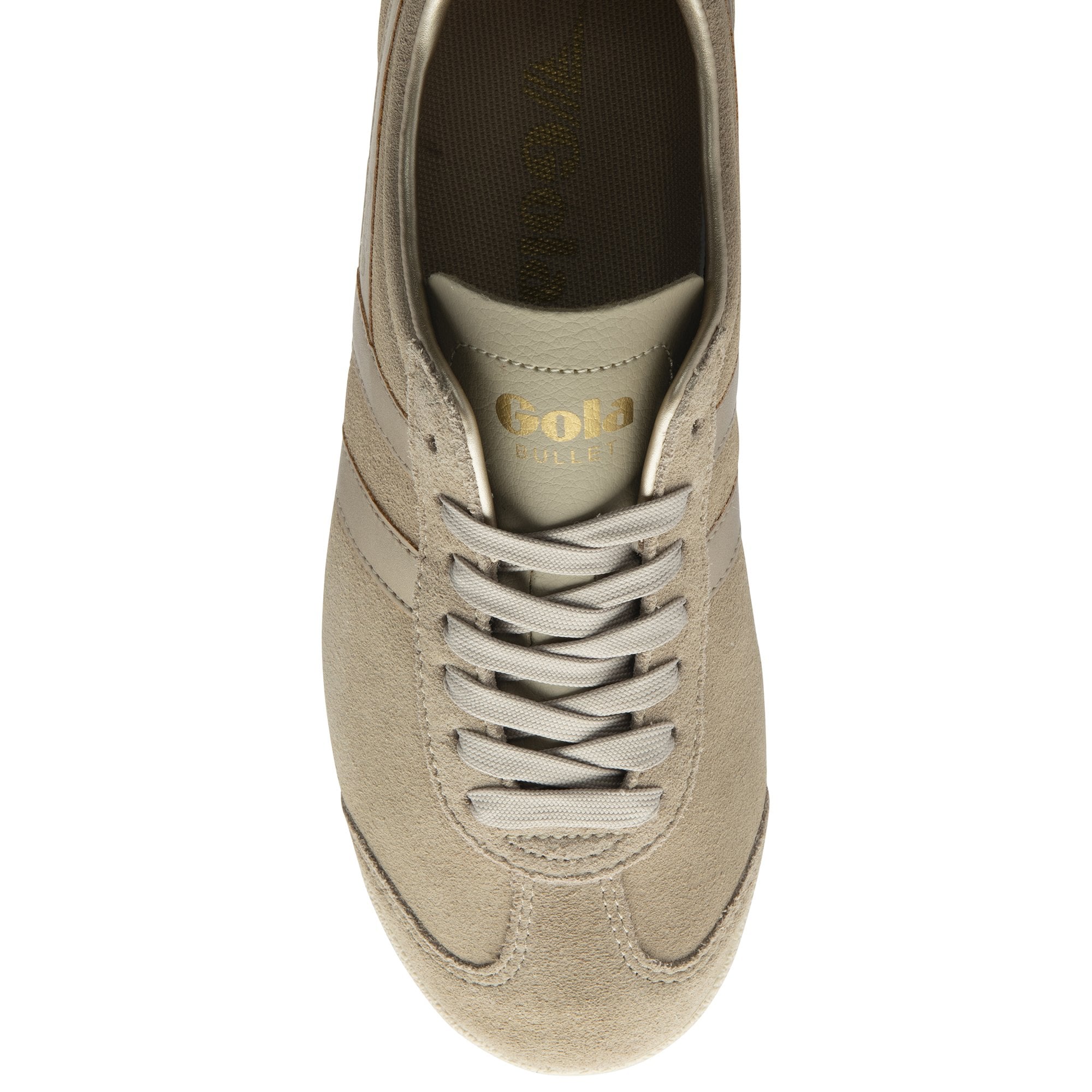 An overhead view of a Gola Hurricane trainer in light brown suede with gold details.
