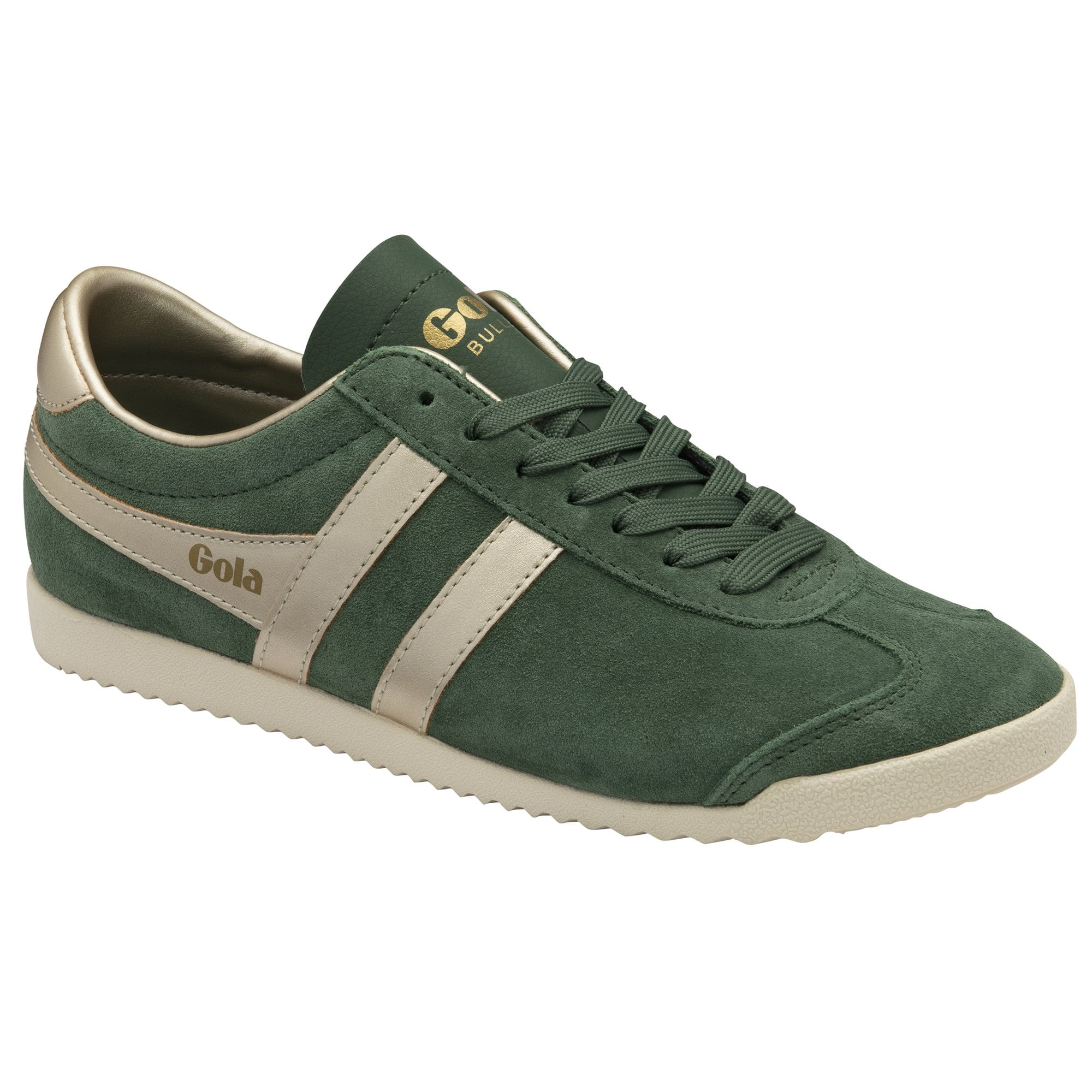 A green Gola trainer with gold stripes and branding, captured from an elevated angle.