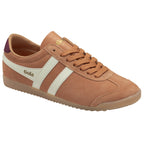 Angled side view of a single Gola men's sneaker in burnt orange with white stripes and maroon trim.