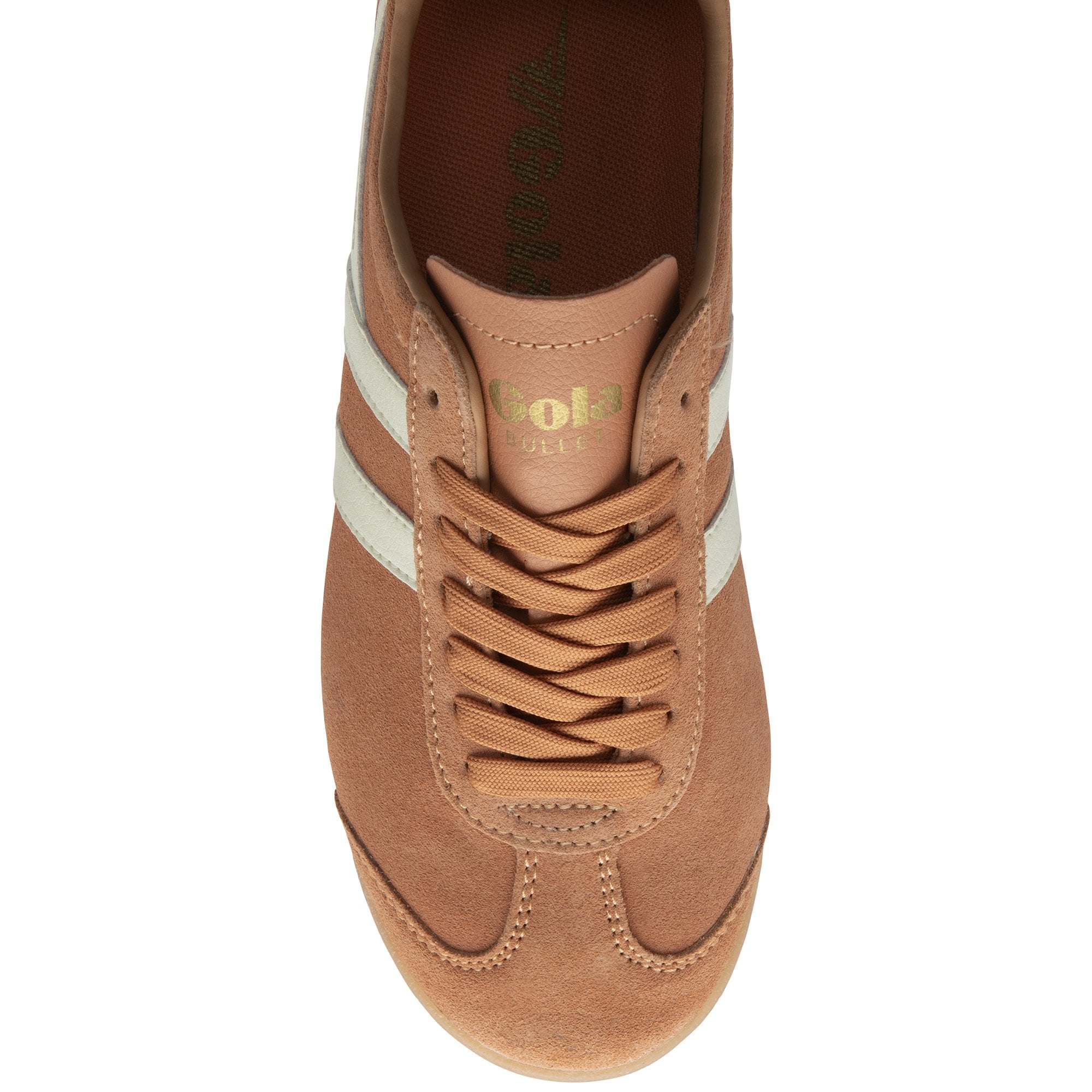Top down view of a single Gola men's sneaker in burnt orange with white stripes.