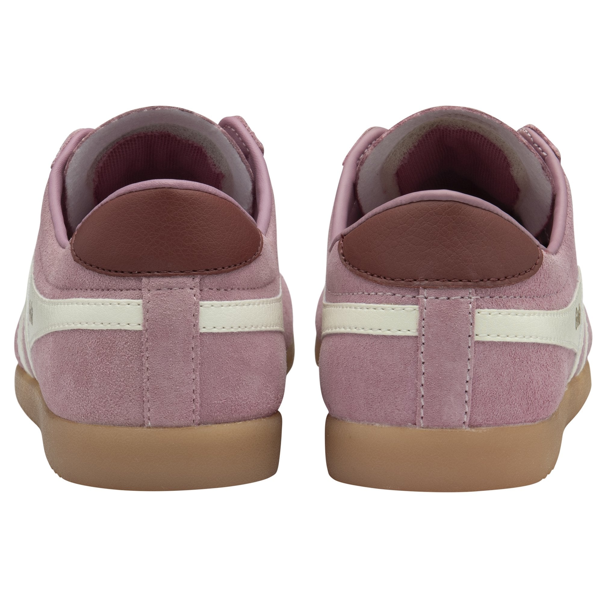 Rear view of two light purple Gola Orchid sneakers with brown heel accents.