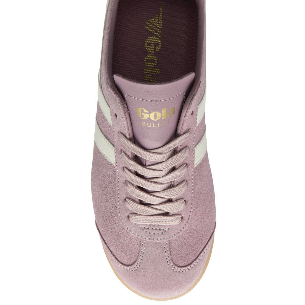 Top down view of a light purple Gola Orchid sneaker with white stripes and laces.