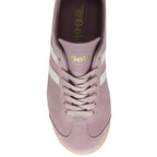 Top down view of a light purple Gola Orchid sneaker with white stripes and laces.