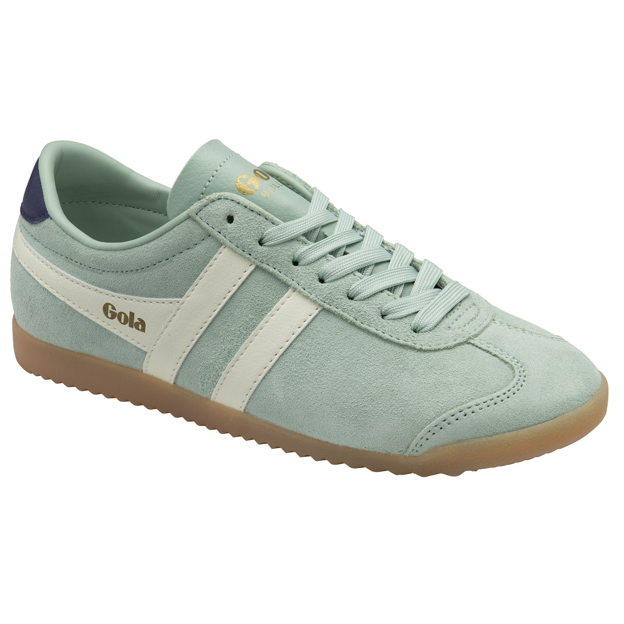 Angled side view of a Gola men's trainer in green with a white stripe and navy heel tab.